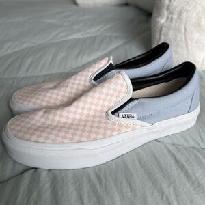 Custom Slip-On Checkerboard Vans in Peach & Light Blue w/ Black accents